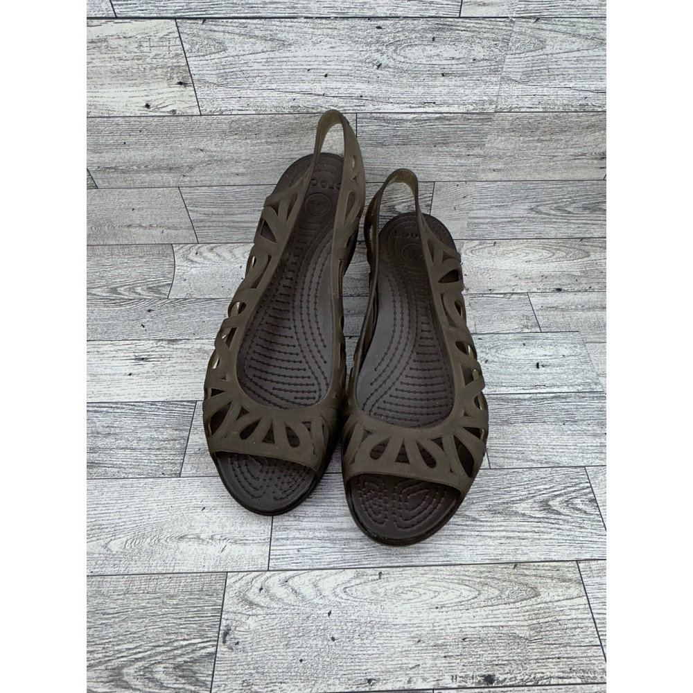 Crocs Adrina III Mini Wedge Espresso Brown Floral Cut Out Sandals Women Sz 8